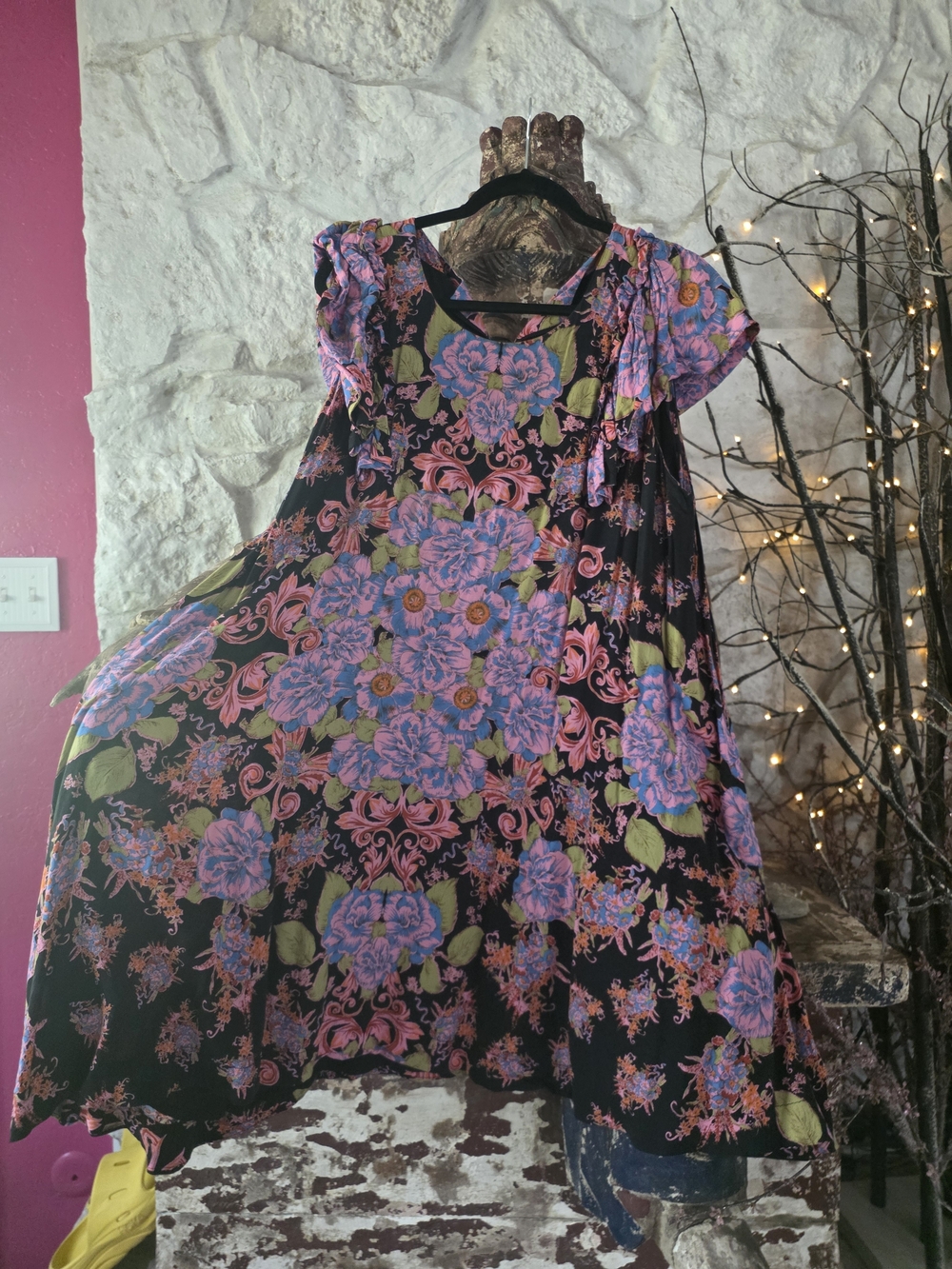 Free People Black Flowers Floral Swing Dress with Pink & Blue Flowers - Picture 4 of 11